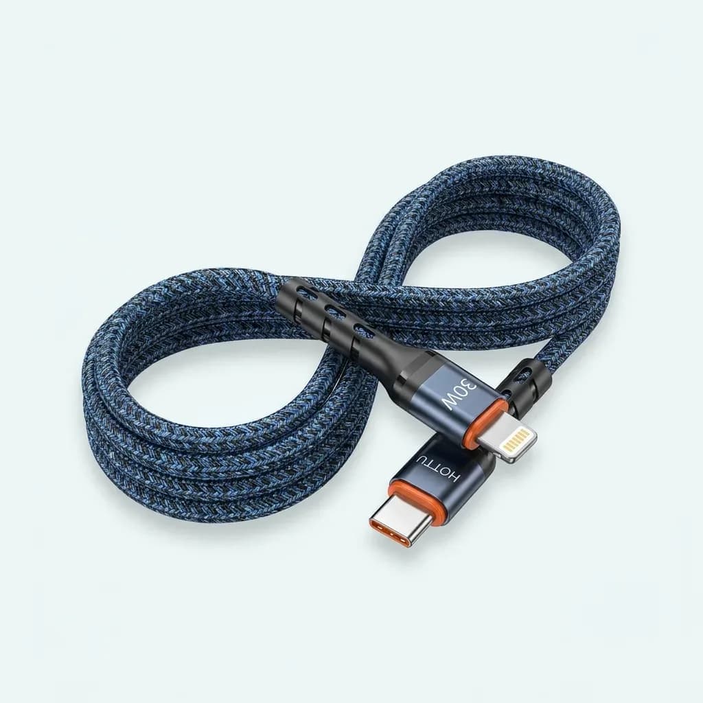Coiled blue-and-black HOTTU braided cable with USB-C and Lightning connectors and orange accents.