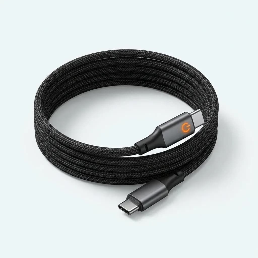 HOTTU CTC01 black braided USB-C to USB-C charging cable with metallic gray connectors on a light background.