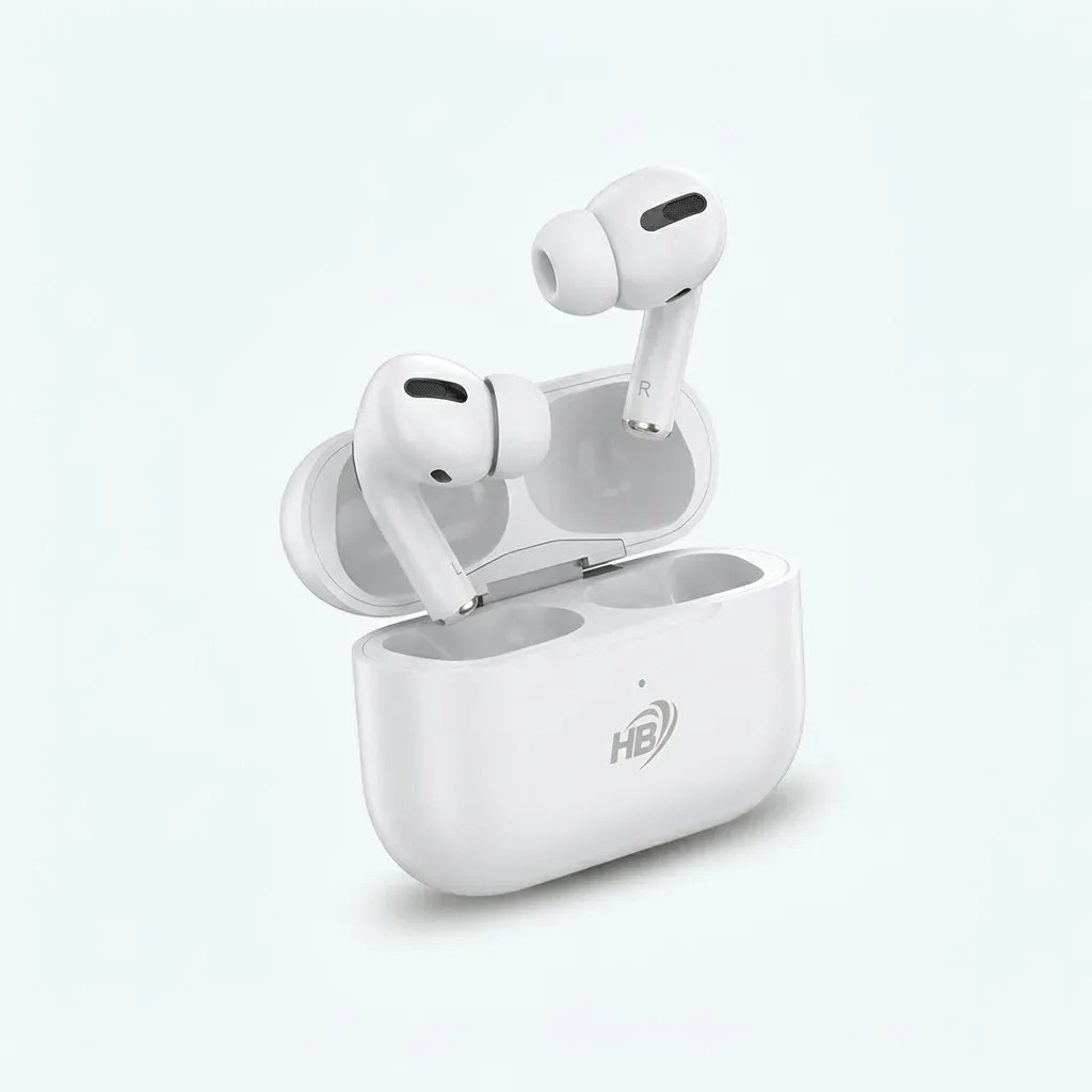 White HB wireless earbuds with silicone ear tips and stem design displayed above an open white charging case on a light background.