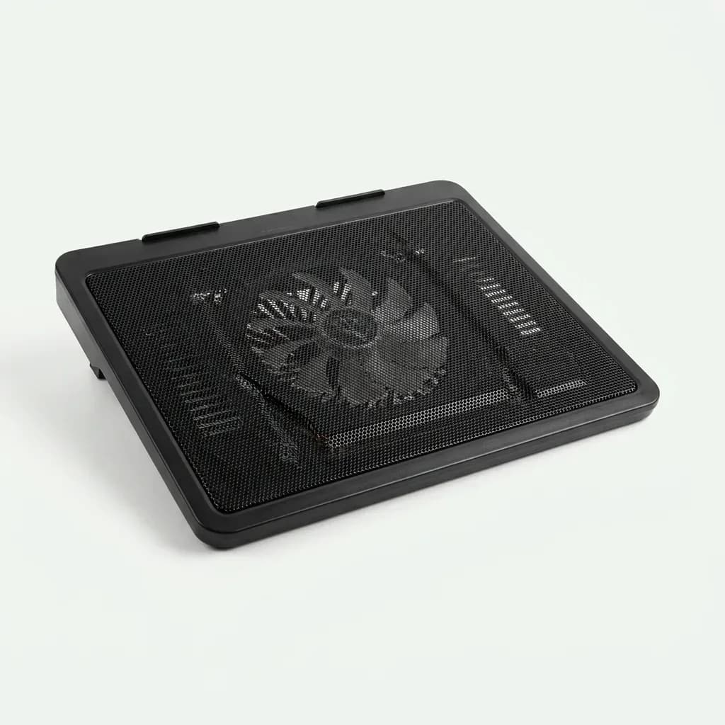 Black laptop cooling pad with a mesh surface and a single central fan on a light background.